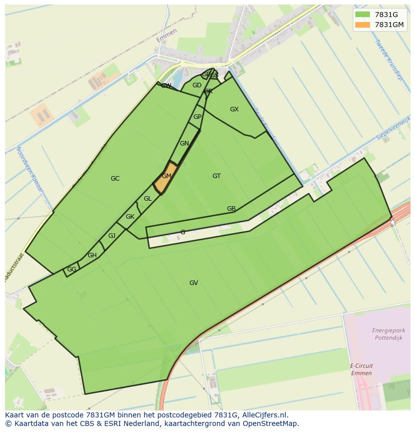 Afbeelding van het postcodegebied 7831 GM op de kaart.