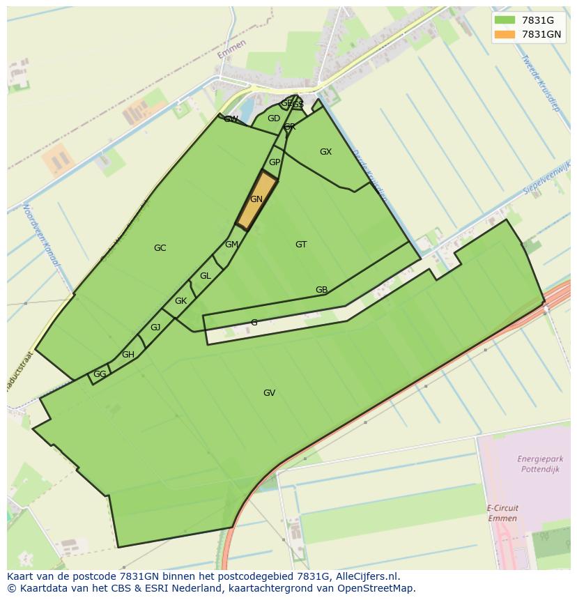 Afbeelding van het postcodegebied 7831 GN op de kaart.