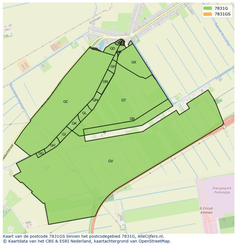 Afbeelding van het postcodegebied 7831 GS op de kaart.