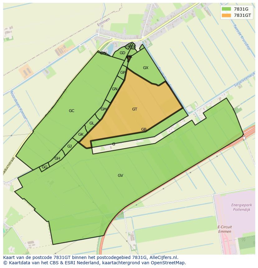 Afbeelding van het postcodegebied 7831 GT op de kaart.
