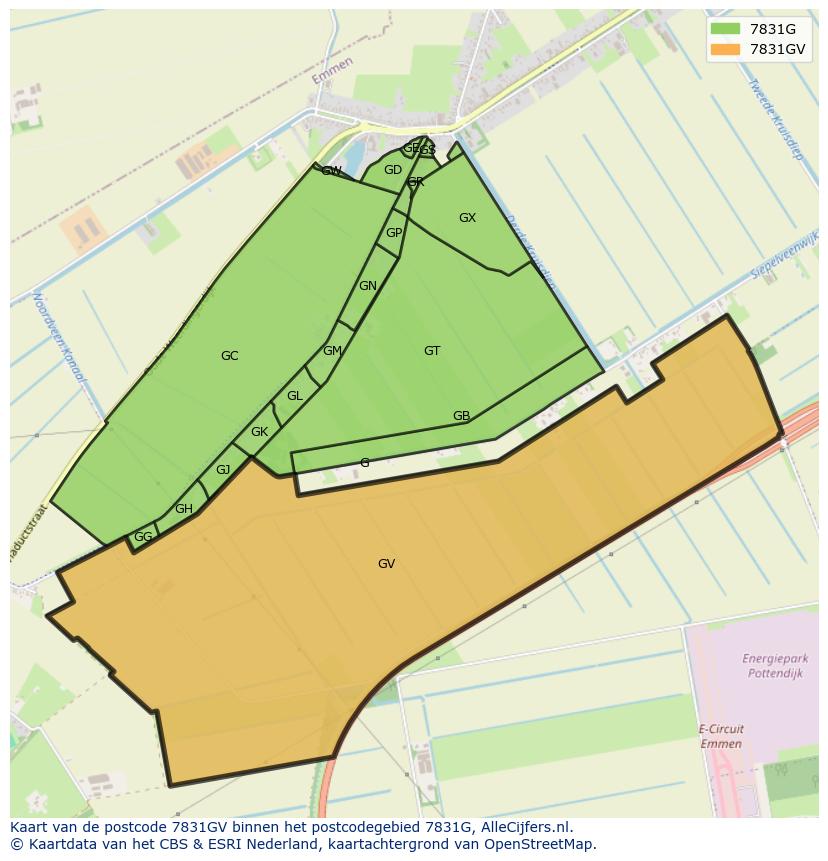 Afbeelding van het postcodegebied 7831 GV op de kaart.