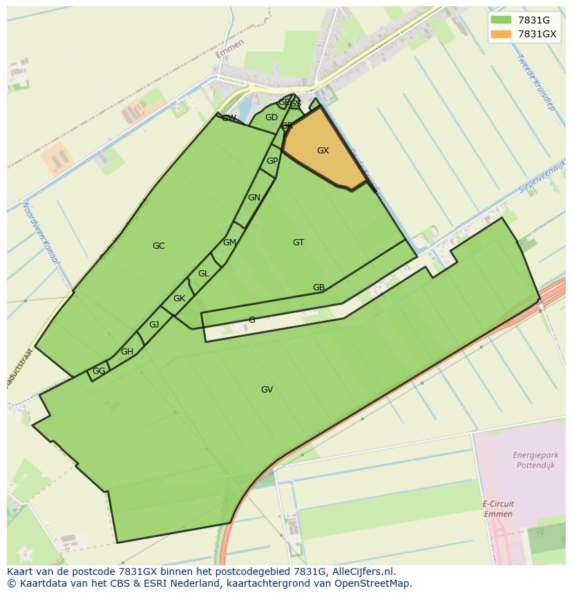 Afbeelding van het postcodegebied 7831 GX op de kaart.