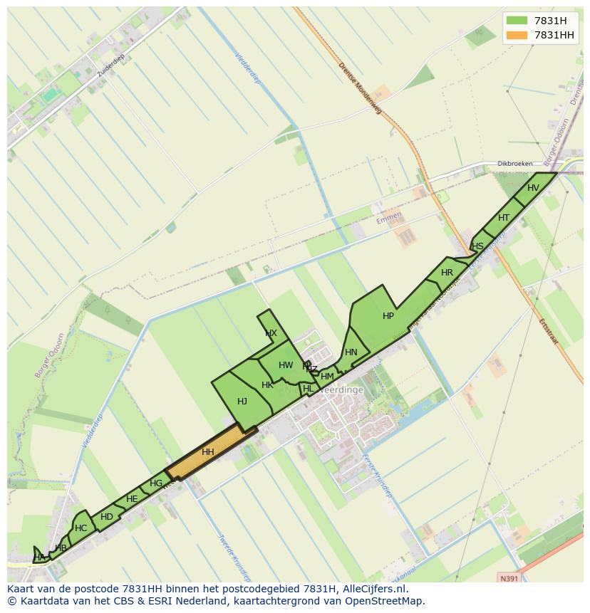 Afbeelding van het postcodegebied 7831 HH op de kaart.