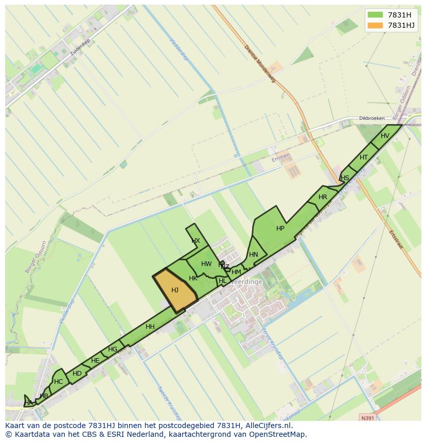 Afbeelding van het postcodegebied 7831 HJ op de kaart.