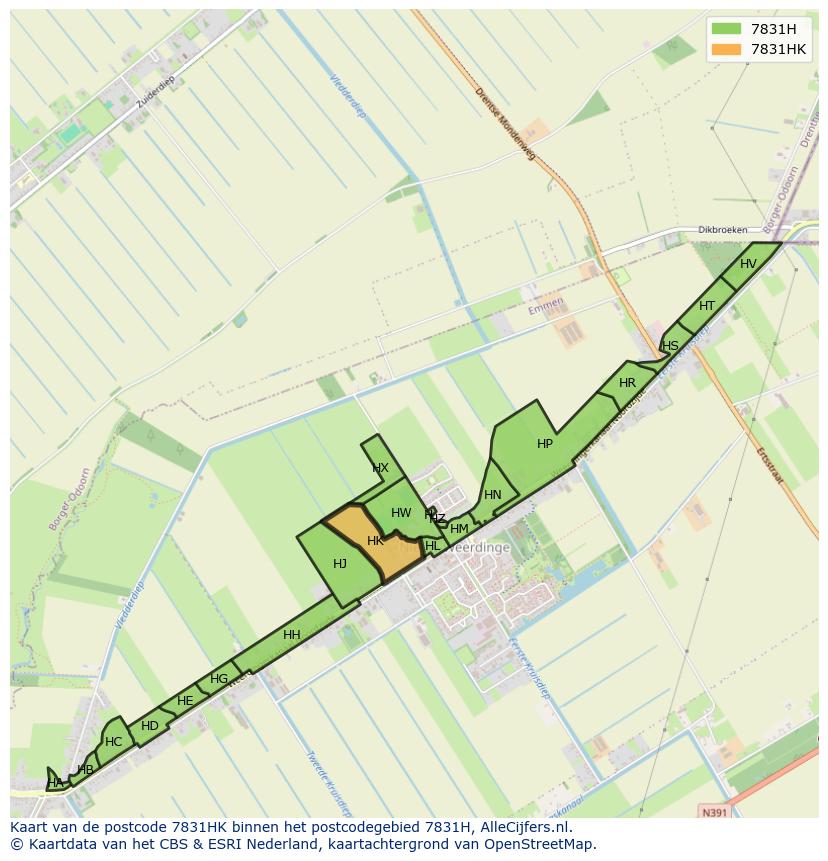 Afbeelding van het postcodegebied 7831 HK op de kaart.