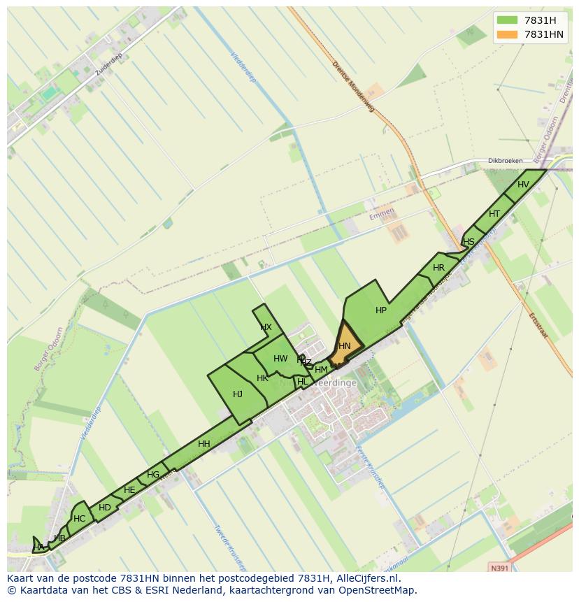Afbeelding van het postcodegebied 7831 HN op de kaart.