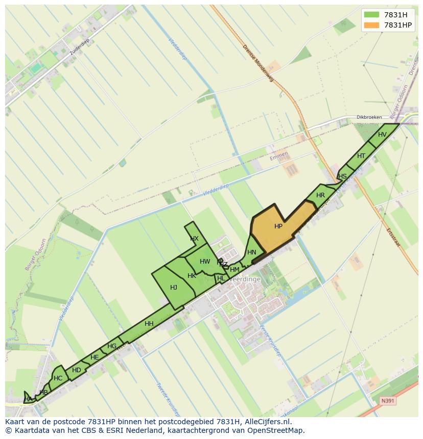 Afbeelding van het postcodegebied 7831 HP op de kaart.