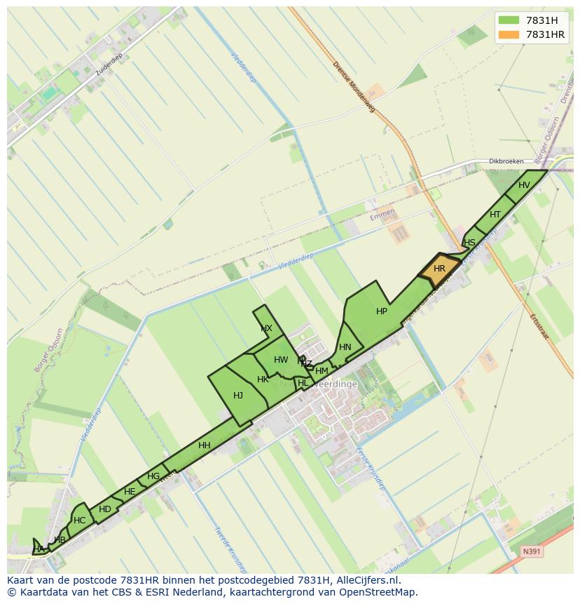 Afbeelding van het postcodegebied 7831 HR op de kaart.