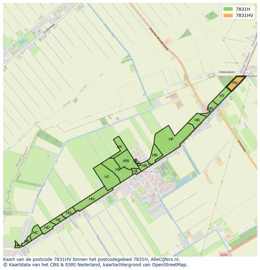 Afbeelding van het postcodegebied 7831 HV op de kaart.