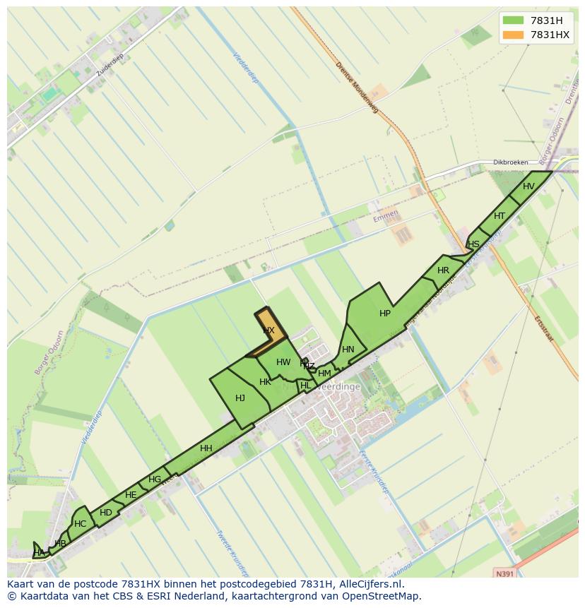 Afbeelding van het postcodegebied 7831 HX op de kaart.