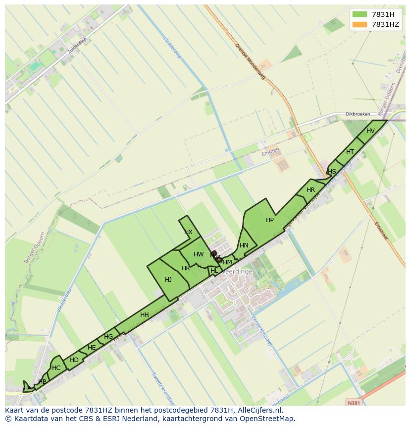 Afbeelding van het postcodegebied 7831 HZ op de kaart.