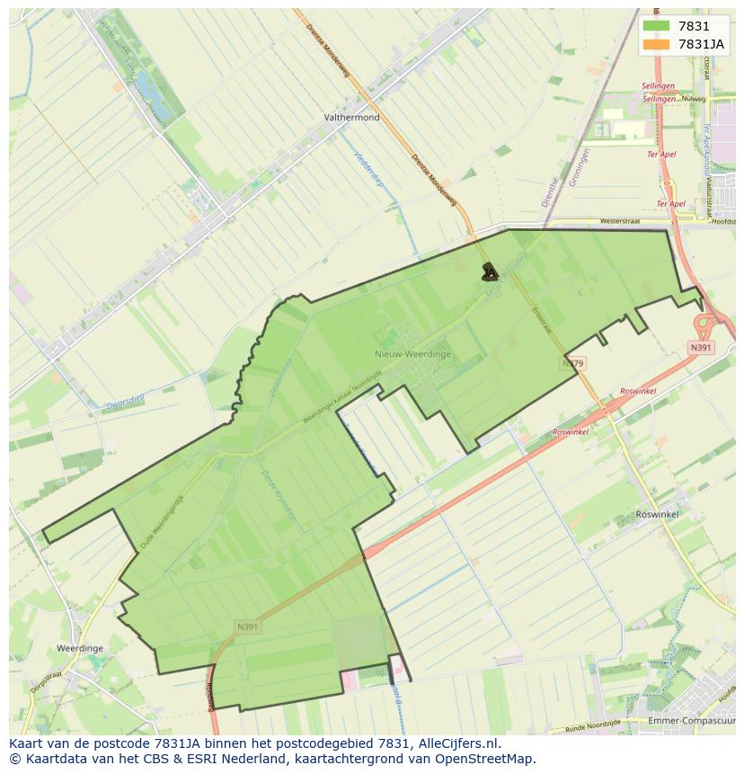 Afbeelding van het postcodegebied 7831 JA op de kaart.