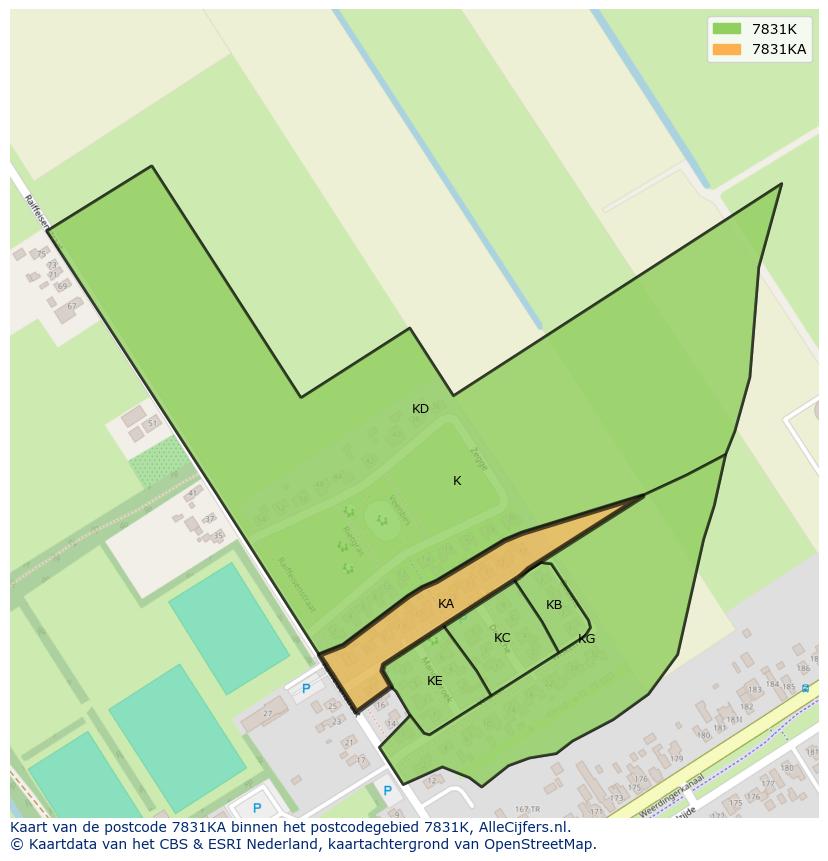 Afbeelding van het postcodegebied 7831 KA op de kaart.