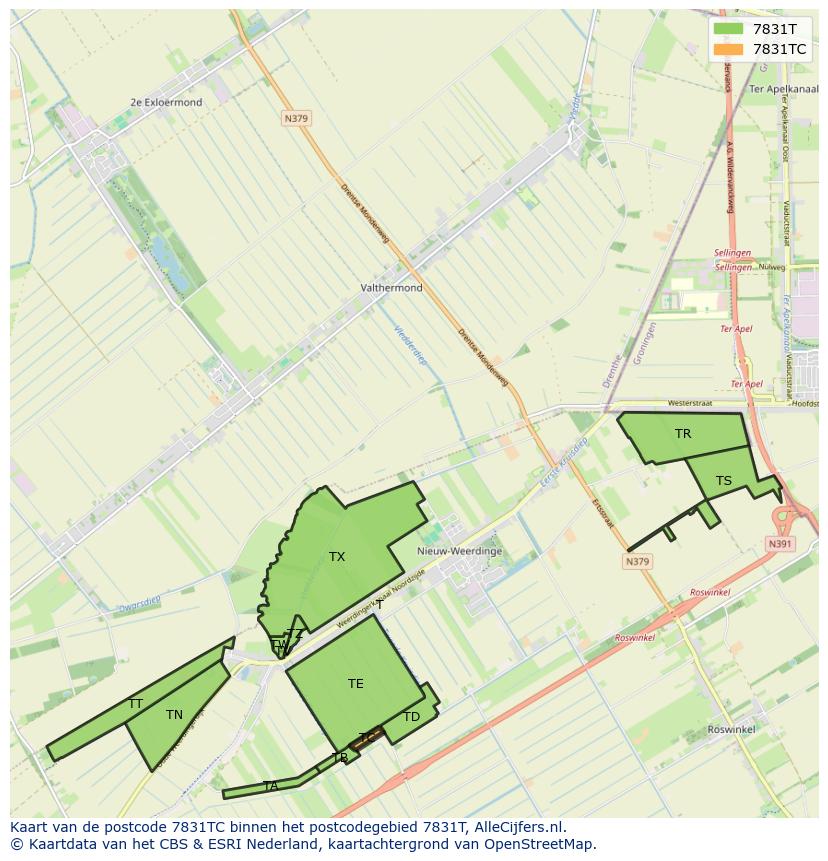 Afbeelding van het postcodegebied 7831 TC op de kaart.