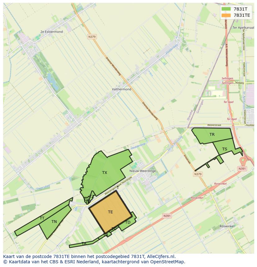 Afbeelding van het postcodegebied 7831 TE op de kaart.