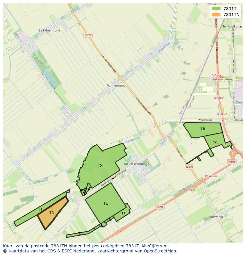 Afbeelding van het postcodegebied 7831 TN op de kaart.