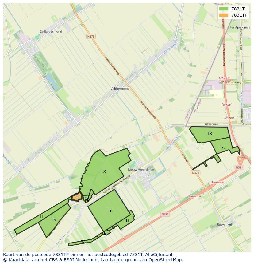 Afbeelding van het postcodegebied 7831 TP op de kaart.
