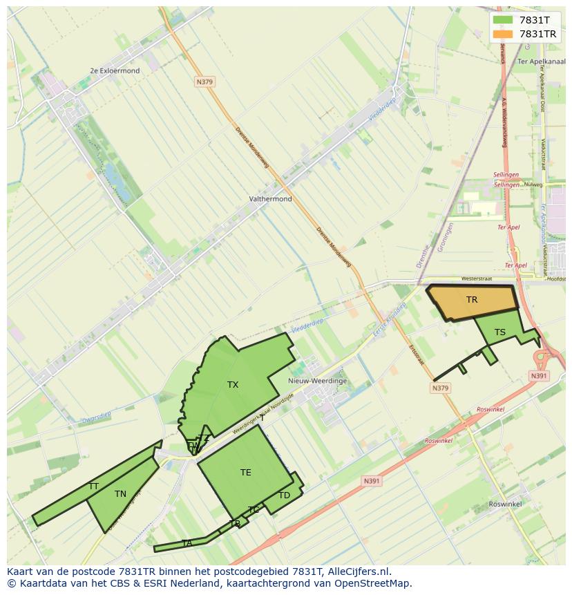 Afbeelding van het postcodegebied 7831 TR op de kaart.
