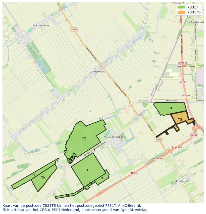 Afbeelding van het postcodegebied 7831 TS op de kaart.