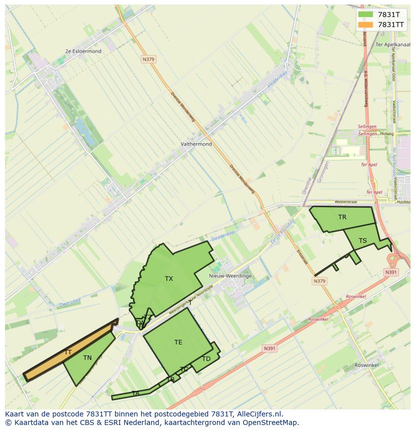 Afbeelding van het postcodegebied 7831 TT op de kaart.