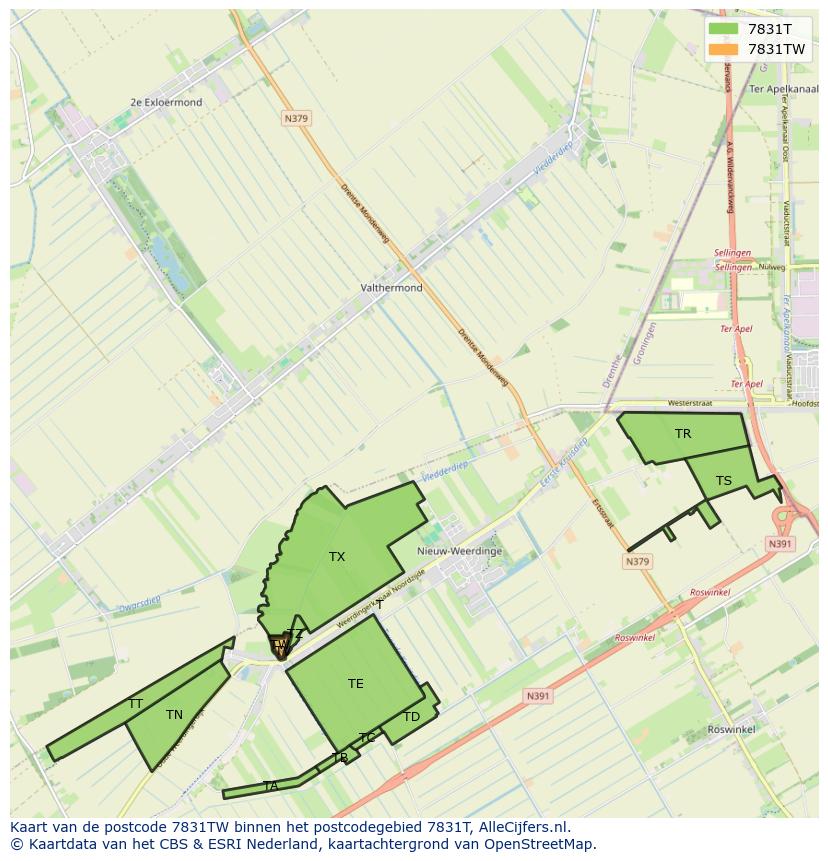 Afbeelding van het postcodegebied 7831 TW op de kaart.