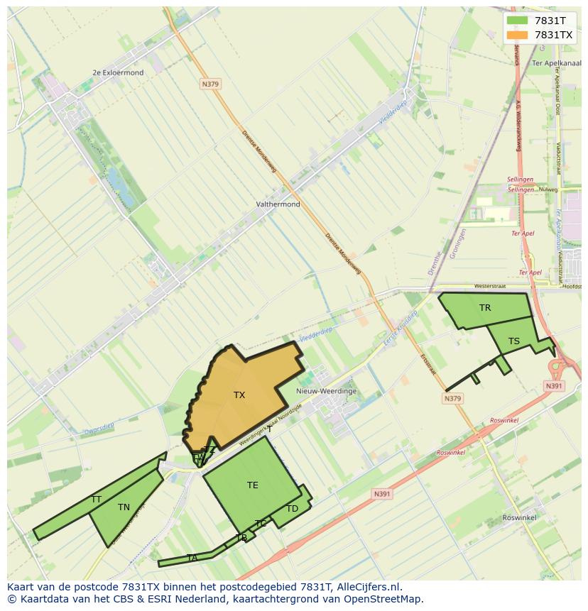 Afbeelding van het postcodegebied 7831 TX op de kaart.