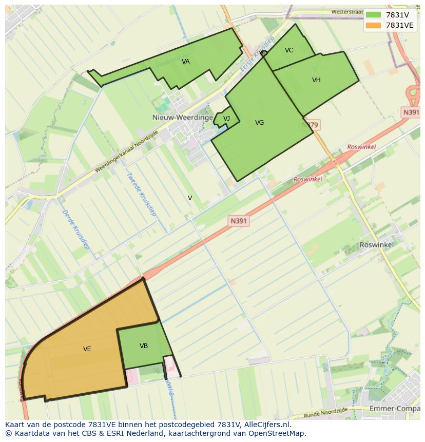 Afbeelding van het postcodegebied 7831 VE op de kaart.