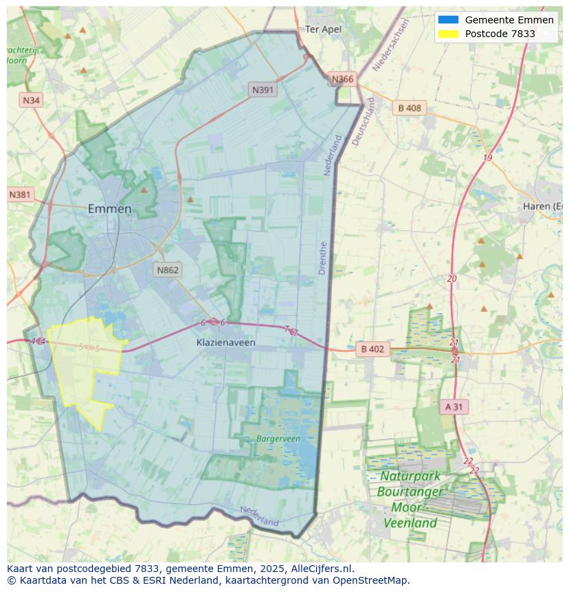 Afbeelding van het postcodegebied 7833 op de kaart.