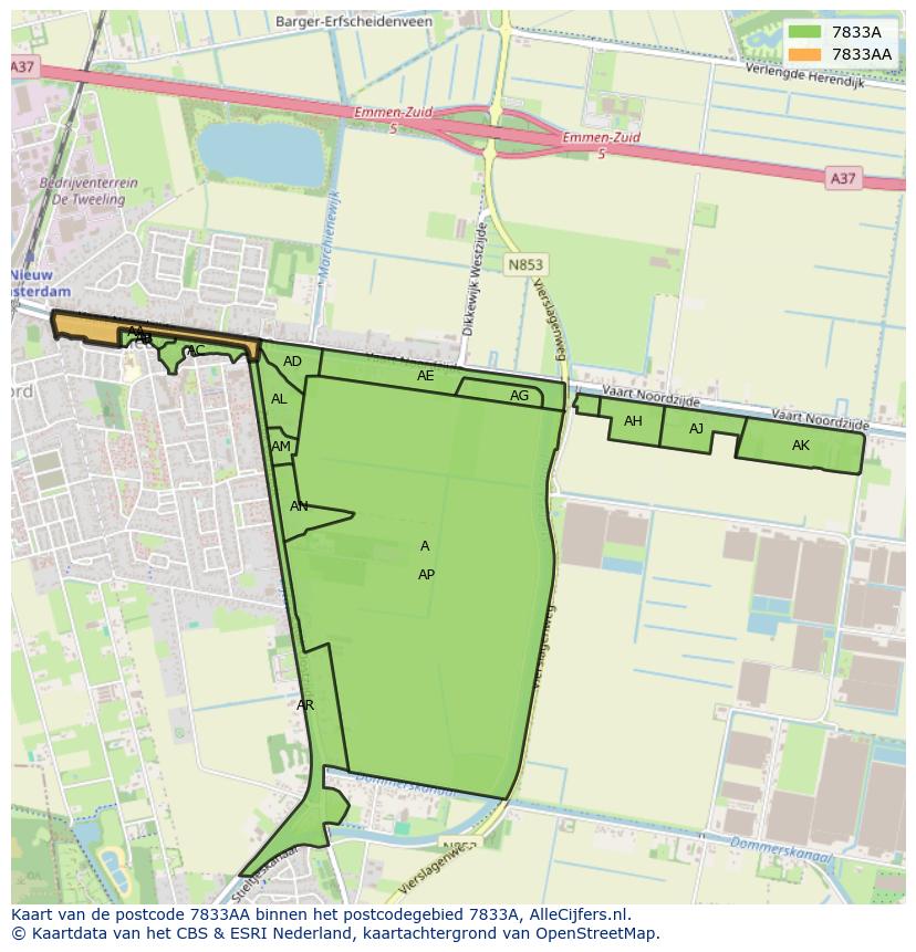 Afbeelding van het postcodegebied 7833 AA op de kaart.
