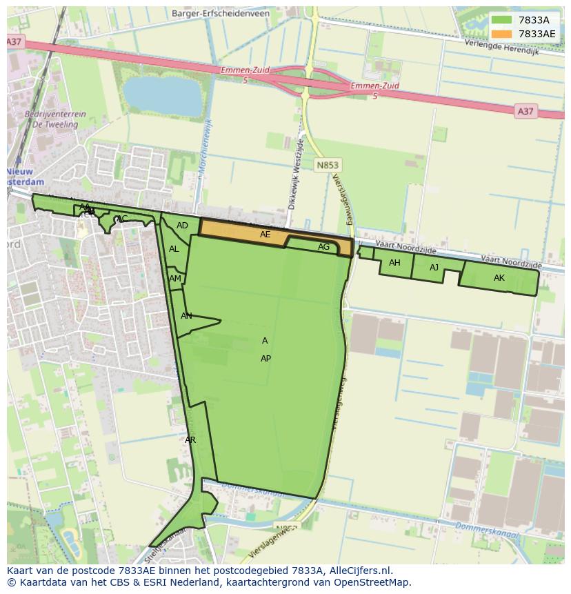 Afbeelding van het postcodegebied 7833 AE op de kaart.
