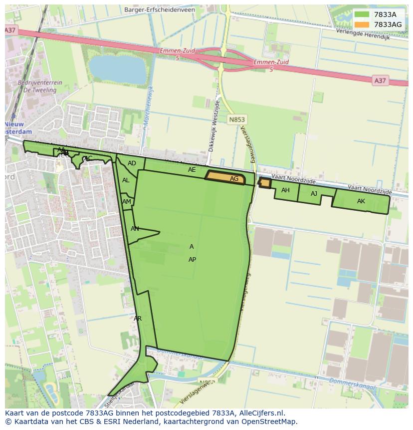Afbeelding van het postcodegebied 7833 AG op de kaart.
