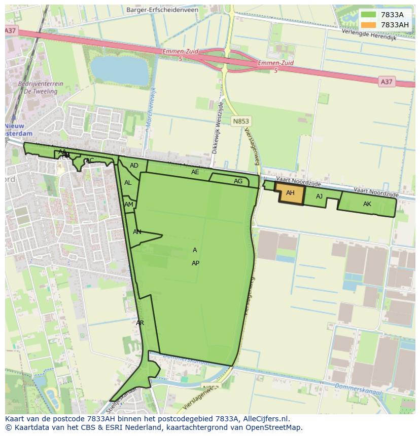 Afbeelding van het postcodegebied 7833 AH op de kaart.