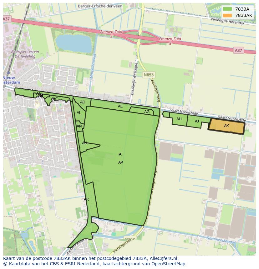 Afbeelding van het postcodegebied 7833 AK op de kaart.
