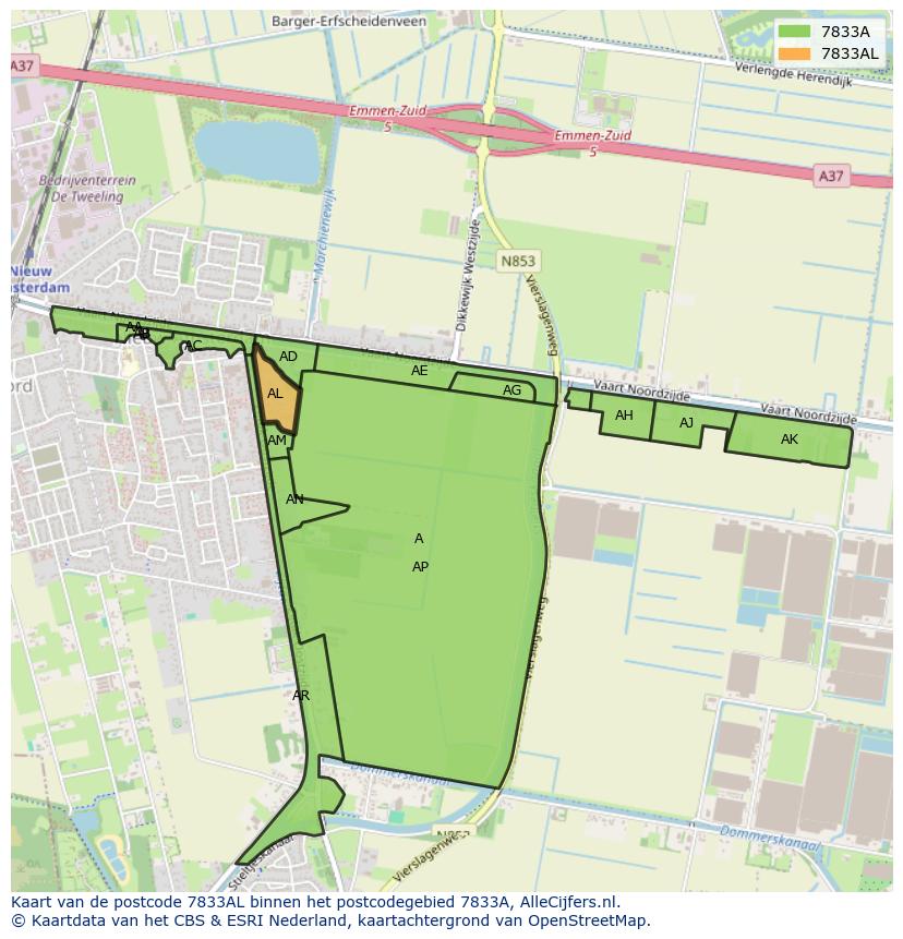 Afbeelding van het postcodegebied 7833 AL op de kaart.