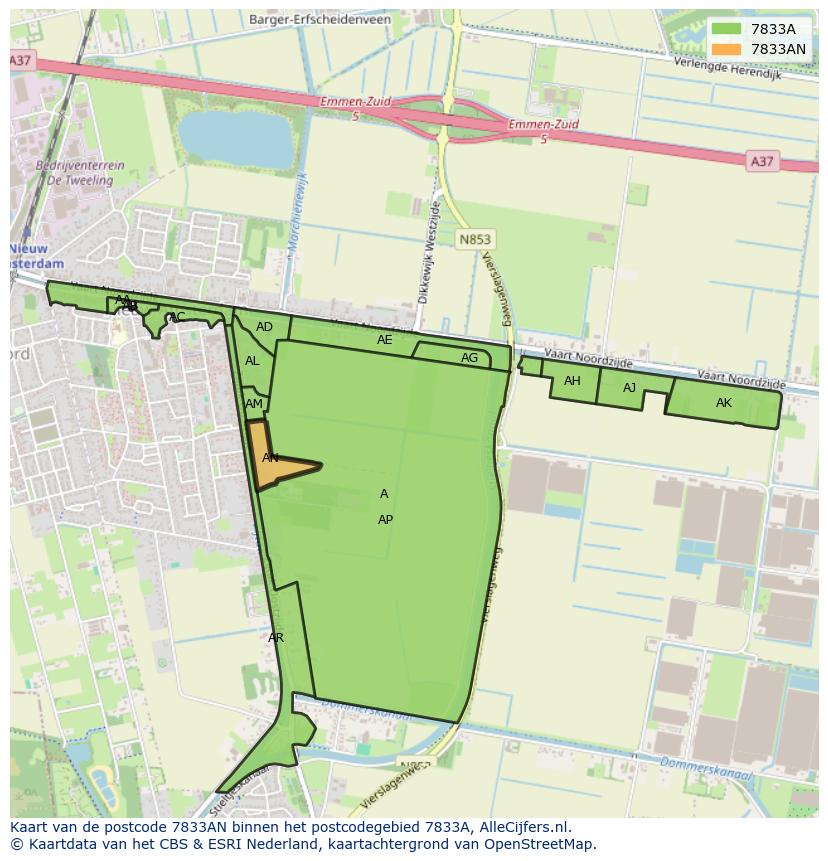 Afbeelding van het postcodegebied 7833 AN op de kaart.
