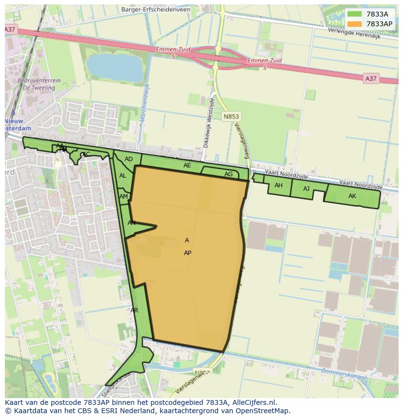 Afbeelding van het postcodegebied 7833 AP op de kaart.