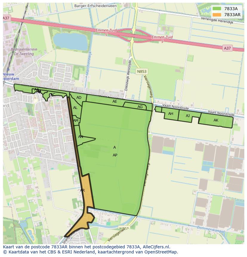 Afbeelding van het postcodegebied 7833 AR op de kaart.