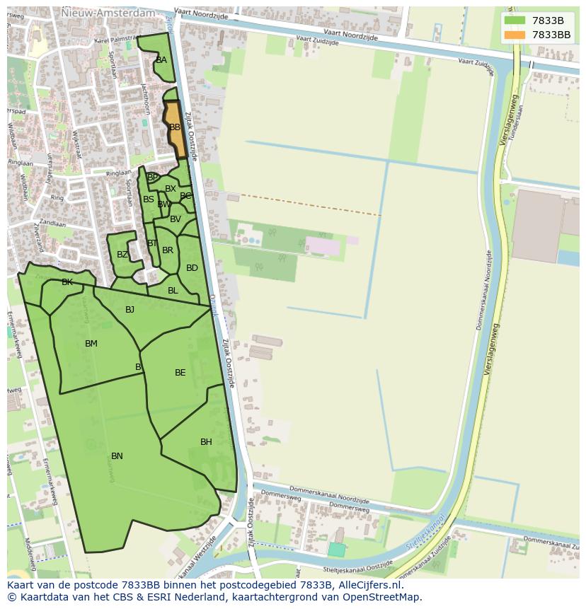 Afbeelding van het postcodegebied 7833 BB op de kaart.