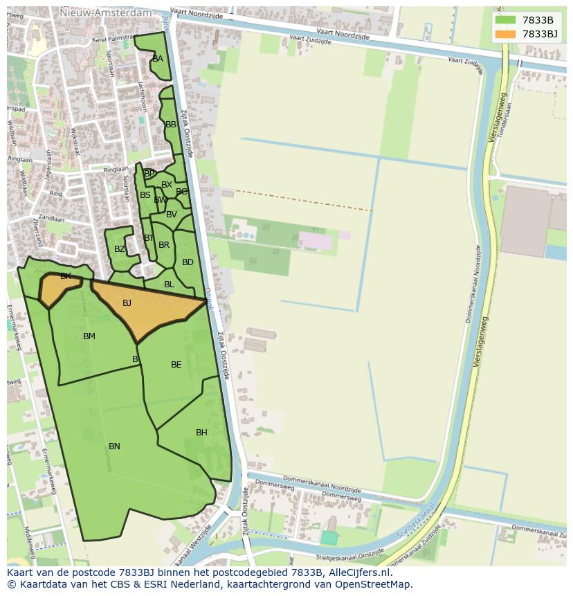 Afbeelding van het postcodegebied 7833 BJ op de kaart.