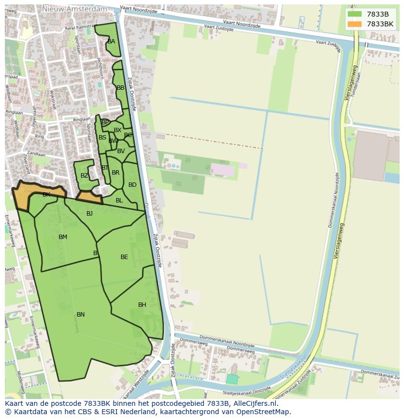 Afbeelding van het postcodegebied 7833 BK op de kaart.