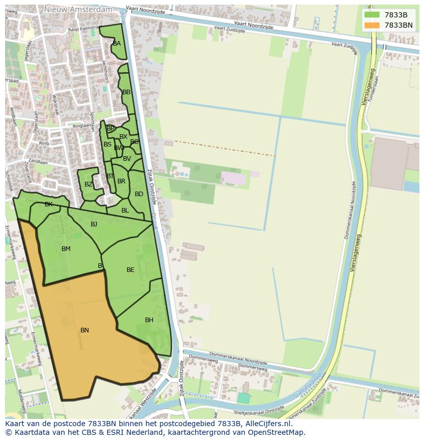 Afbeelding van het postcodegebied 7833 BN op de kaart.