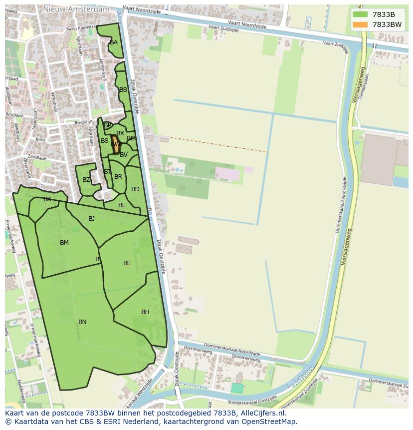 Afbeelding van het postcodegebied 7833 BW op de kaart.