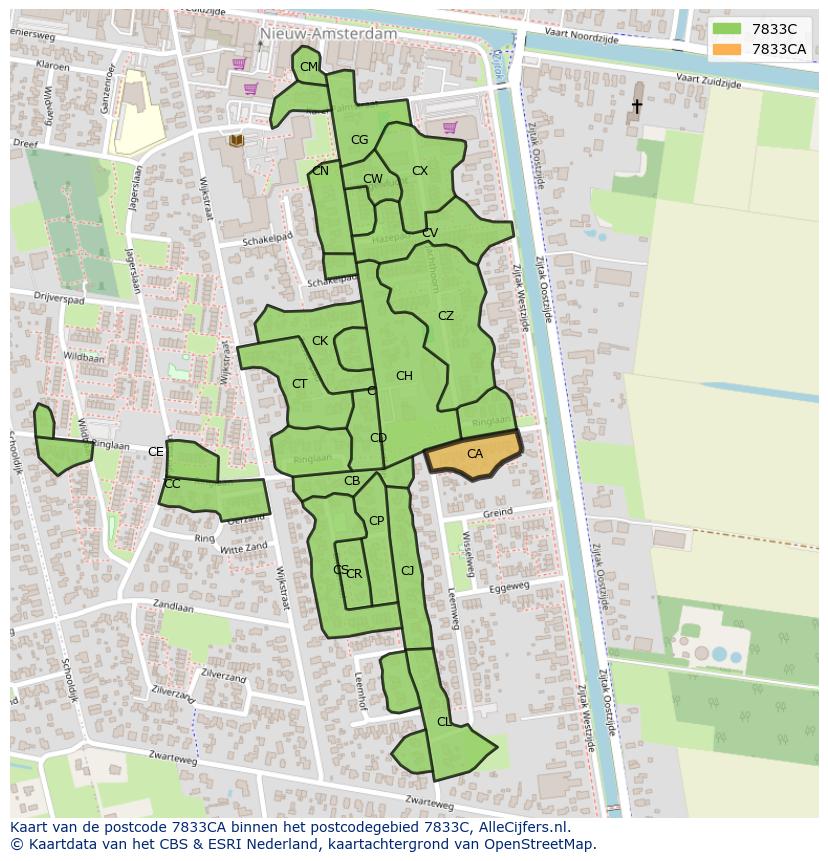Afbeelding van het postcodegebied 7833 CA op de kaart.