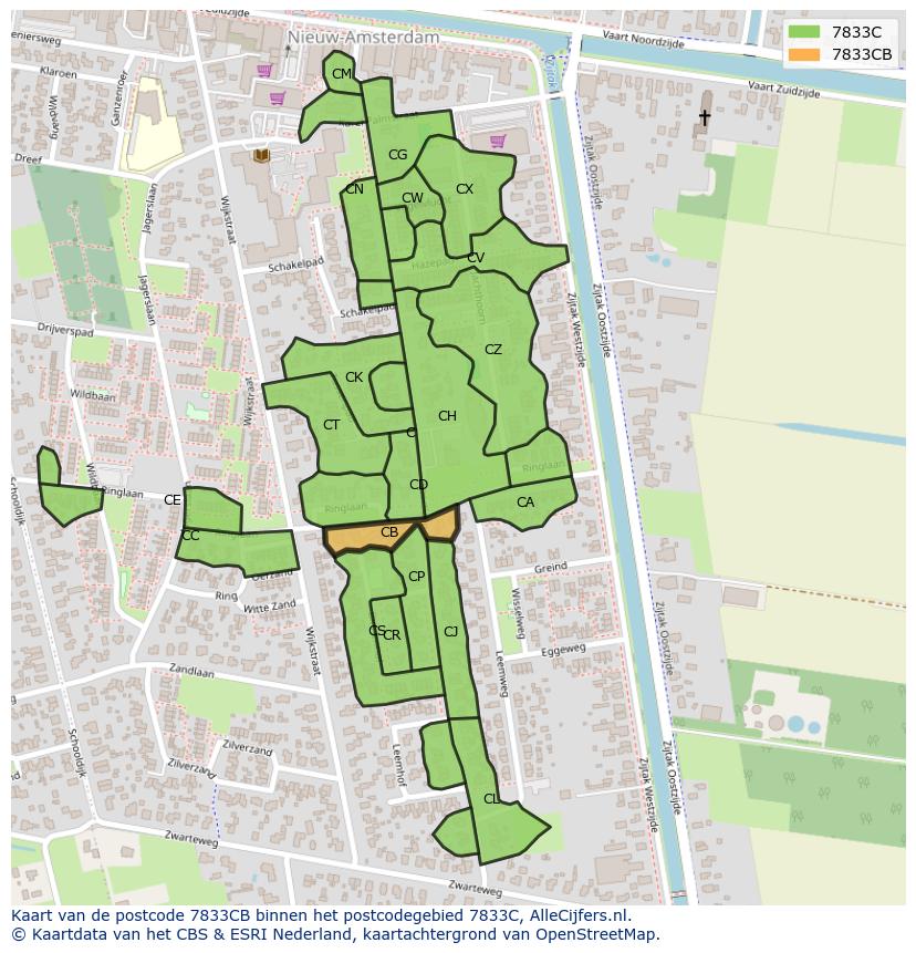 Afbeelding van het postcodegebied 7833 CB op de kaart.