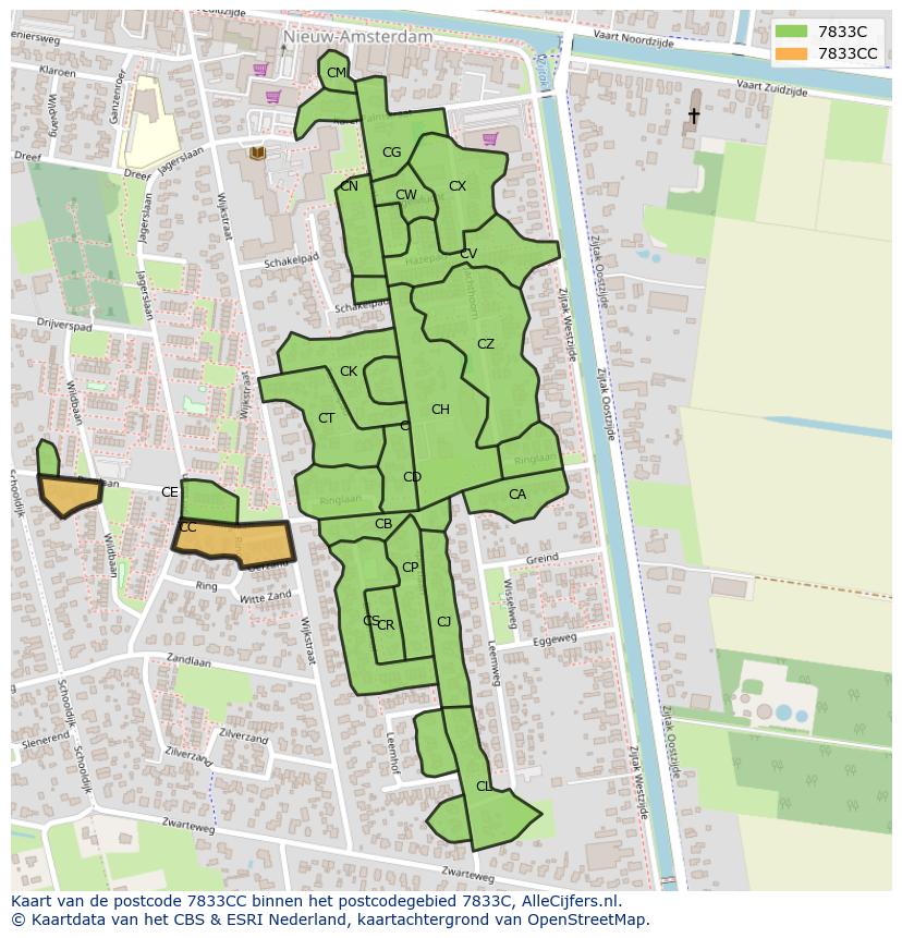 Afbeelding van het postcodegebied 7833 CC op de kaart.