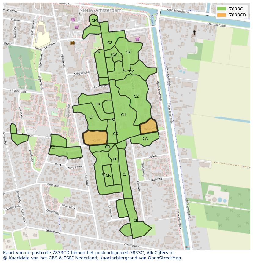 Afbeelding van het postcodegebied 7833 CD op de kaart.