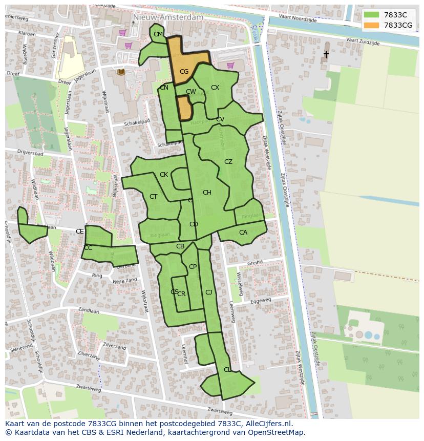 Afbeelding van het postcodegebied 7833 CG op de kaart.