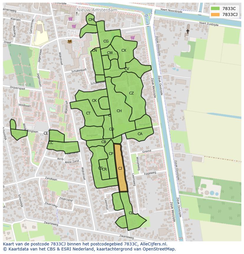Afbeelding van het postcodegebied 7833 CJ op de kaart.