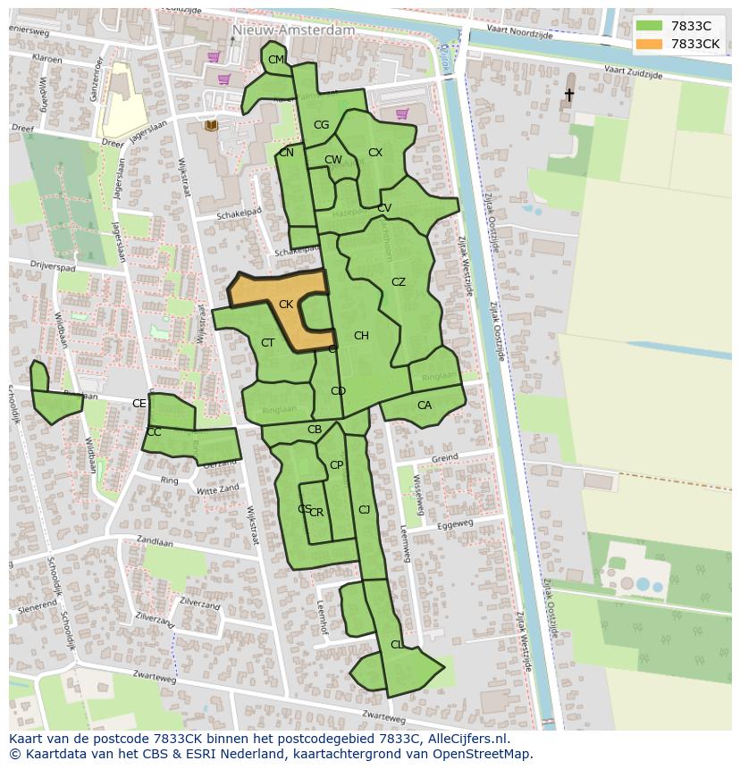 Afbeelding van het postcodegebied 7833 CK op de kaart.
