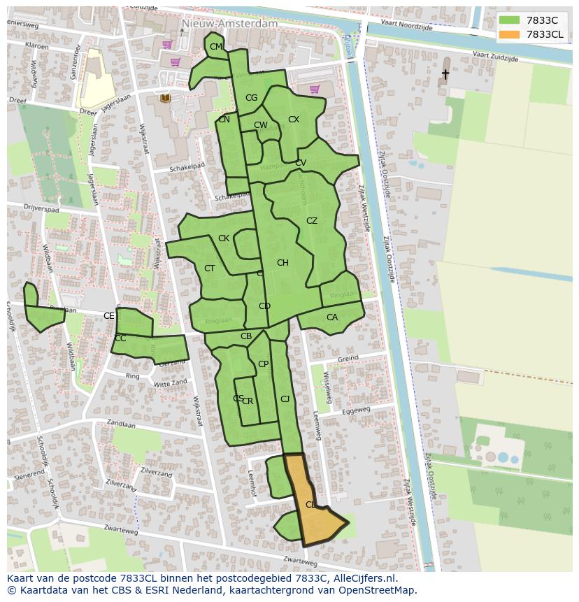 Afbeelding van het postcodegebied 7833 CL op de kaart.